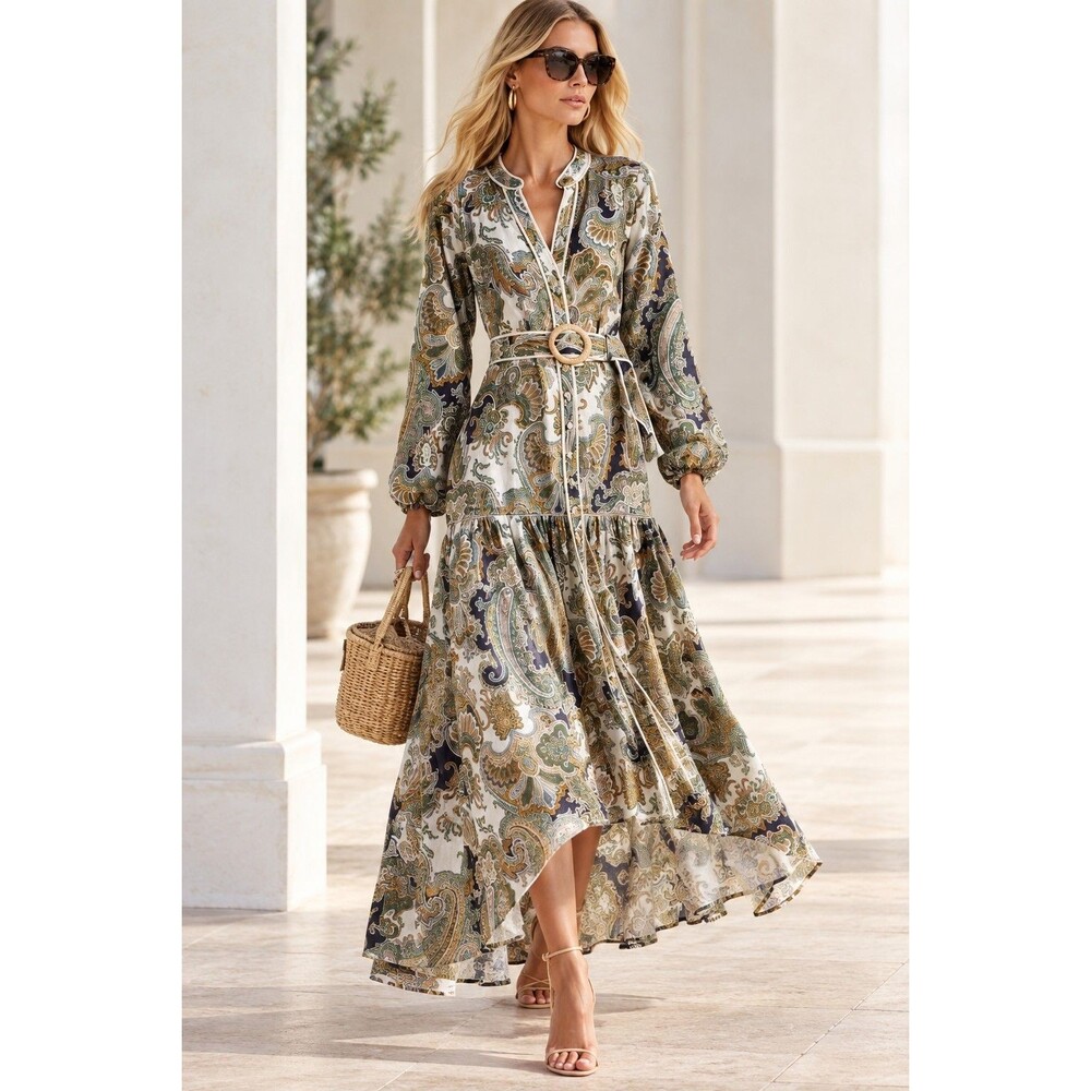 Veronica Beard Kadar Belted Paisley Linen Maxi Dress Size 4 Boho ResortEUC